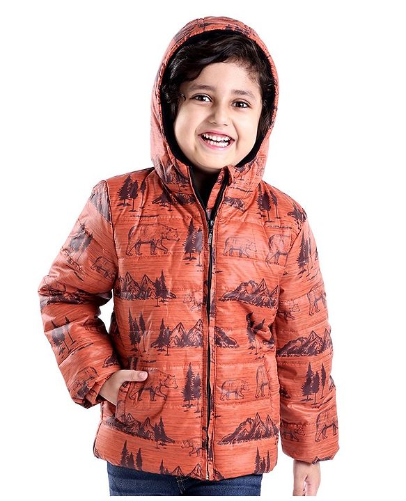 Babyhug Full Sleeves Hoodie Mountain Print - Orange