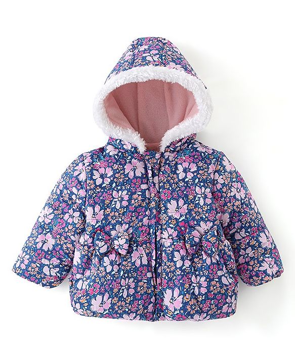 Babyhug Woven Full Sleeves Hooded Jacket Floral Print - Purple