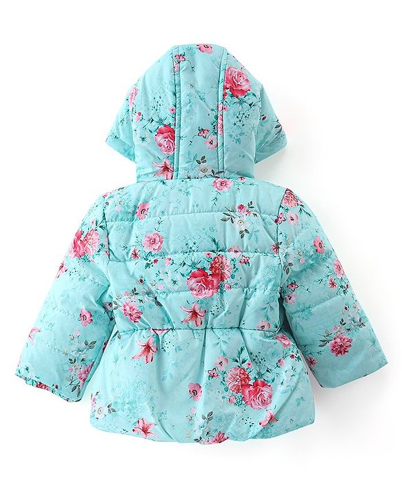 Babyhug Woven Full Sleeves Hooded Jacket with Bow Floral Print - Aqua Blue
