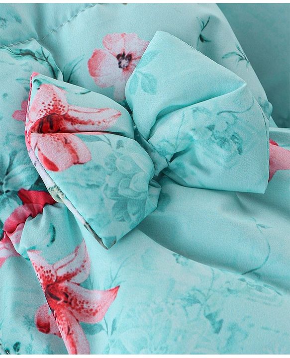 Babyhug Woven Full Sleeves Hooded Jacket with Bow Floral Print - Aqua Blue