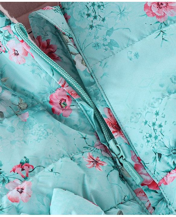 Babyhug Woven Full Sleeves Hooded Jacket with Bow Floral Print - Aqua Blue