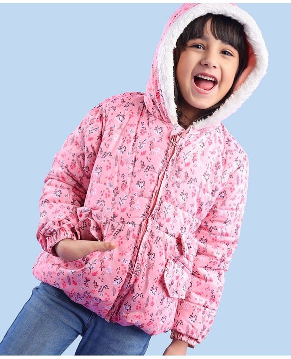 Babyhug Full Sleeves Hooded & Padded Jacket With Bow Applique Floral Print- Pink