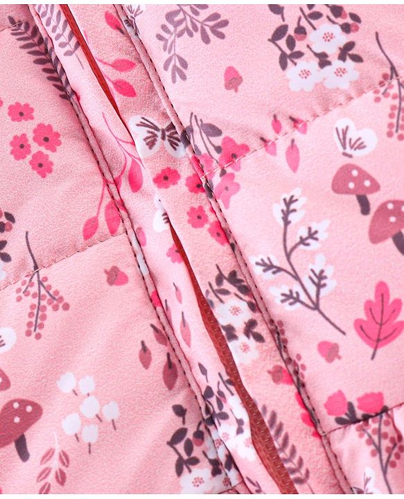 Babyhug Full Sleeves Hooded & Padded Jacket With Bow Applique Floral Print- Pink