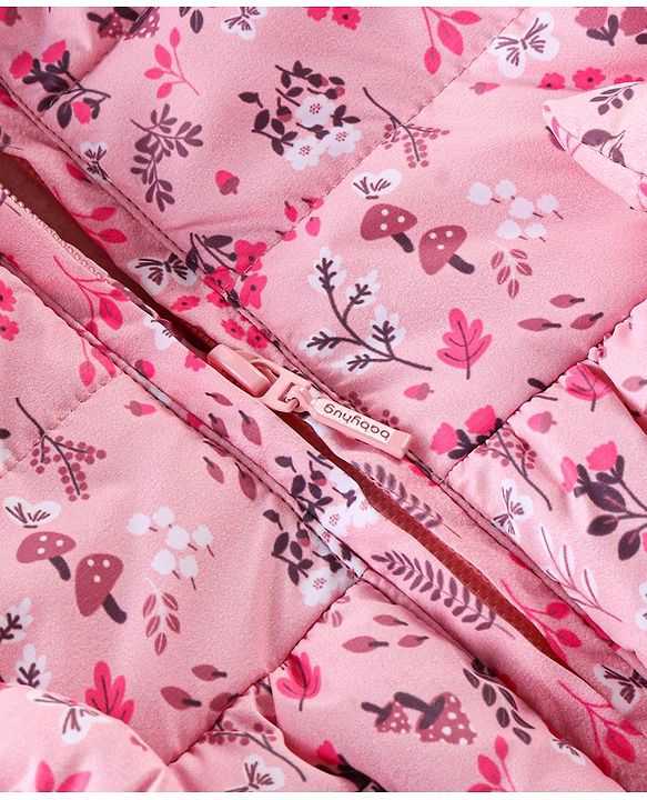 Babyhug Full Sleeves Hooded & Padded Jacket With Bow Applique Floral Print- Pink