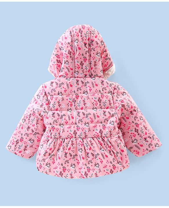 Babyhug Full Sleeves Hooded & Padded Jacket With Bow Applique Floral Print- Pink