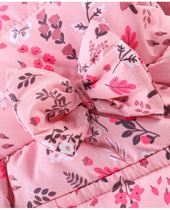 Babyhug Full Sleeves Hooded & Padded Jacket With Bow Applique Floral Print- Pink
