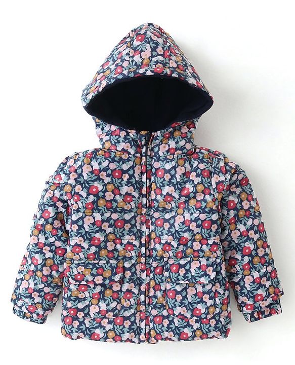 Babyhug Woven Full Sleeves Jacket With Hood & Floral Print - Purple