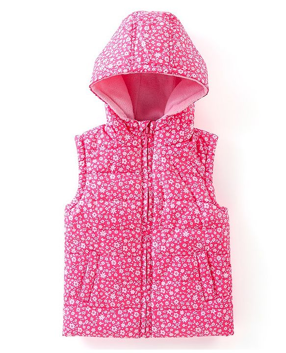 Babyhug Sleeveless Hooded & Padded Jacket Floral Print- Pink