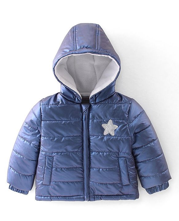 Babyhug Full Sleeves Star Patch Padded Hooded Jacket - Blue
