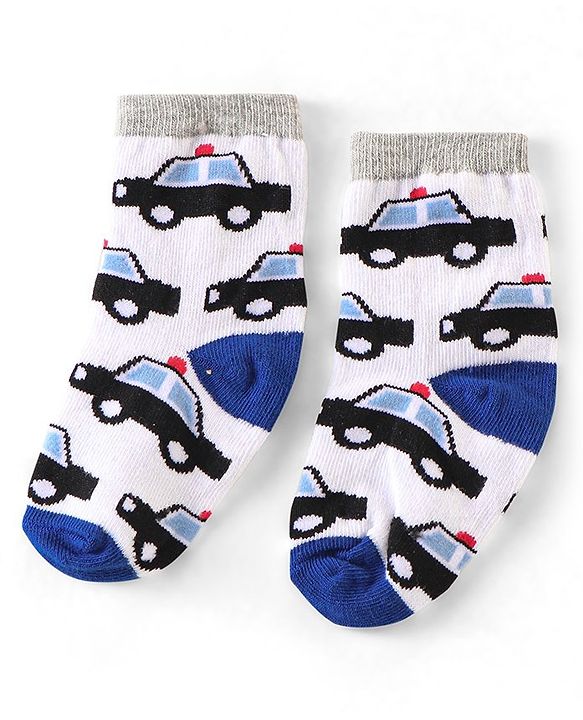 Cute Walk by Babyhug Anti Bacterial Ankle Length Non Terry Socks Car Design Pack of 3  - Black Blue & White