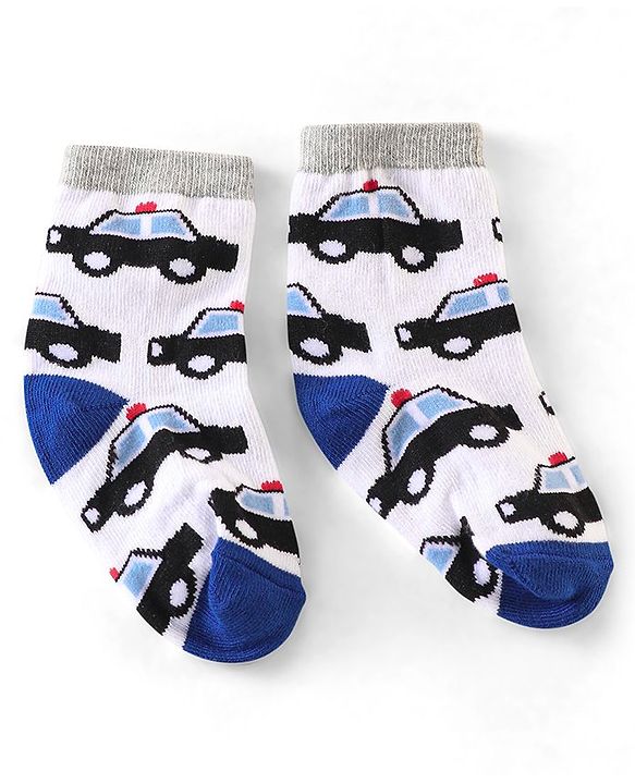 Cute Walk by Babyhug Anti Bacterial Ankle Length Non Terry Socks Car Design Pack of 3  - Black Blue & White