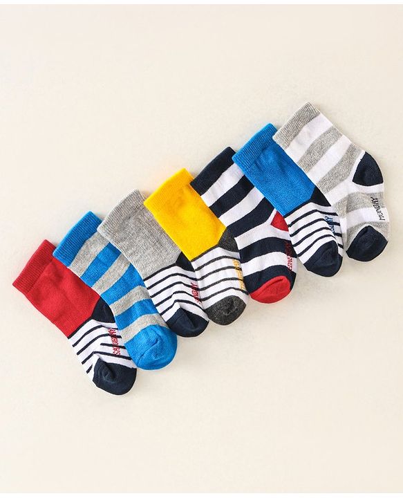 Cute Walk by Babyhug Anti Bacterial Ankle Length Non Terry Socks Strips Pack of 7  - Red Blue & White