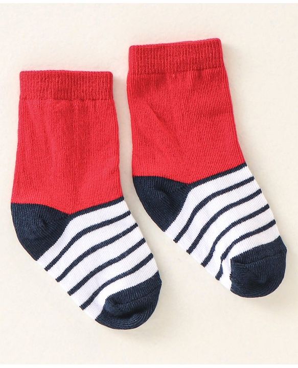 Cute Walk by Babyhug Anti Bacterial Ankle Length Non Terry Socks Strips Pack of 7  - Red Blue & White
