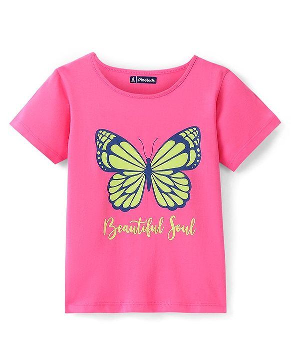 Pinekids Biowashed Cotton Knit Half Sleeve T-Shirt With Butterfly Print - Pink