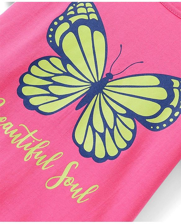 Pinekids Biowashed Cotton Knit Half Sleeve T-Shirt With Butterfly Print - Pink