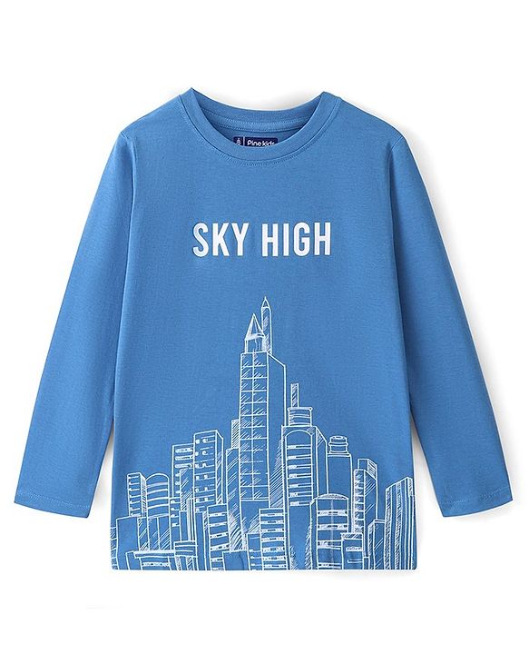 Pine Kids 100% Cotton Knit Full Sleeves Bio Washed T-Shirt Skyscrapers Print -  Blue Aster