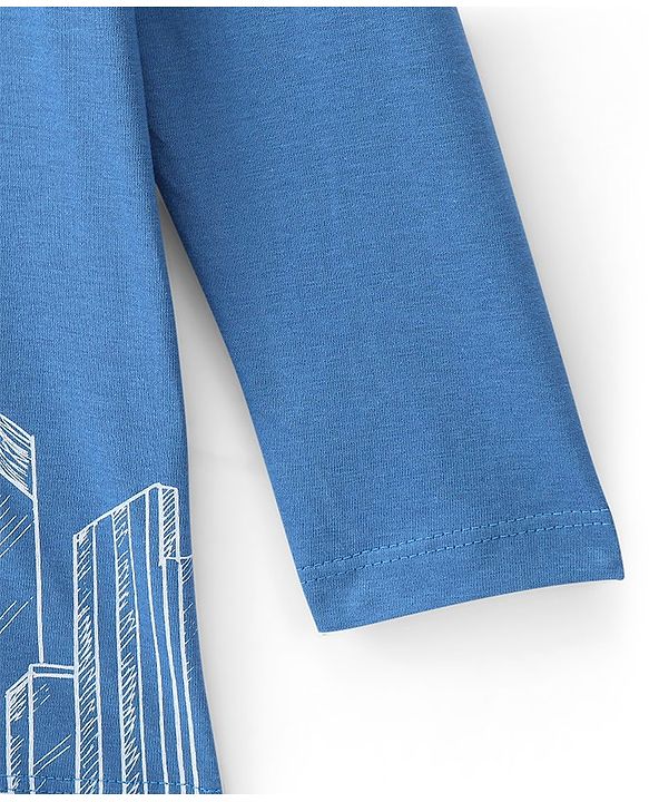 Pine Kids 100% Cotton Knit Full Sleeves Bio Washed T-Shirt Skyscrapers Print -  Blue Aster
