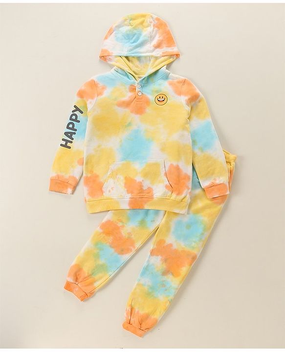 Babyhug 100% Cotton Full Sleeves Hooded T-Shirt & Lounge Pant Set Abstract Print- Blue Yellow & Orange