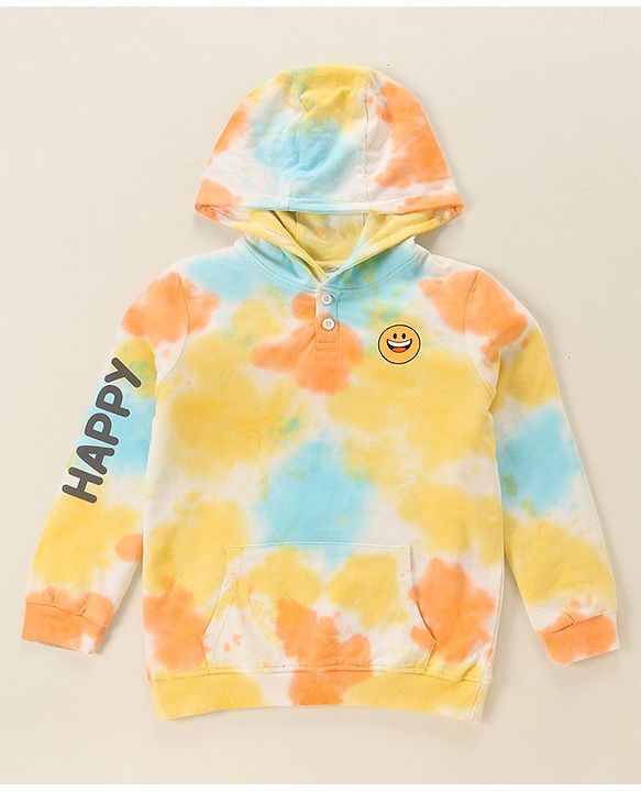 Babyhug 100% Cotton Full Sleeves Hooded T-Shirt & Lounge Pant Set Abstract Print- Blue Yellow & Orange
