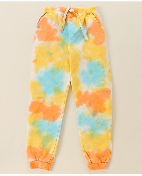 Babyhug 100% Cotton Full Sleeves Hooded T-Shirt & Lounge Pant Set Abstract Print- Blue Yellow & Orange