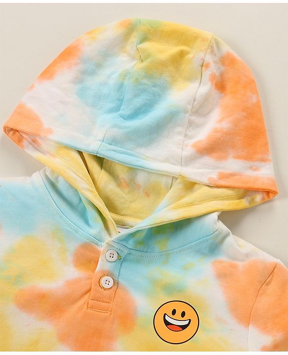 Babyhug 100% Cotton Full Sleeves Hooded T-Shirt & Lounge Pant Set Abstract Print- Blue Yellow & Orange