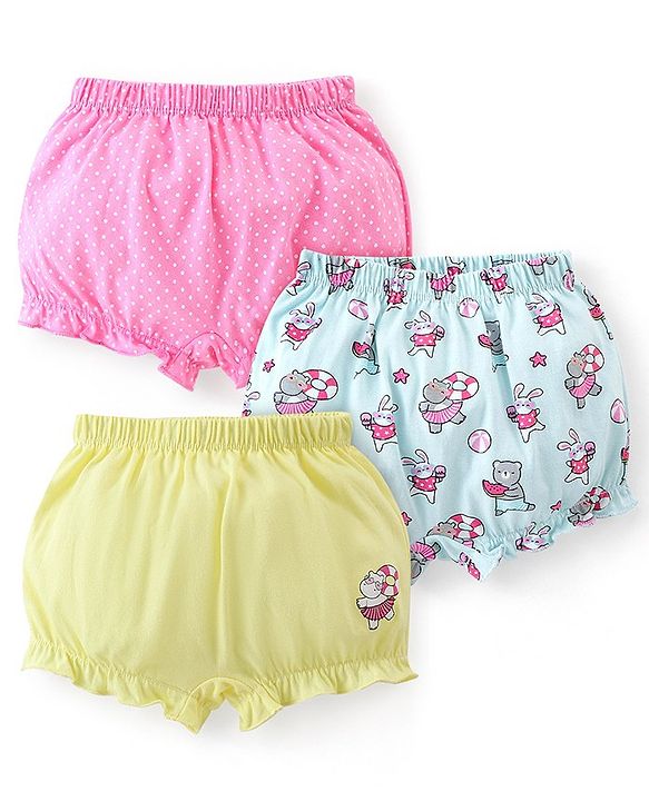 Babyhug 100% Cotton Bloomer Hippo Print Pack of 3 - Pink Blue & Yellow