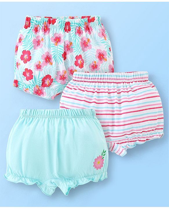 Babyhug Single Jersey Striped & Floral Printed Bloomer Pack of 3 - Blue & Pink