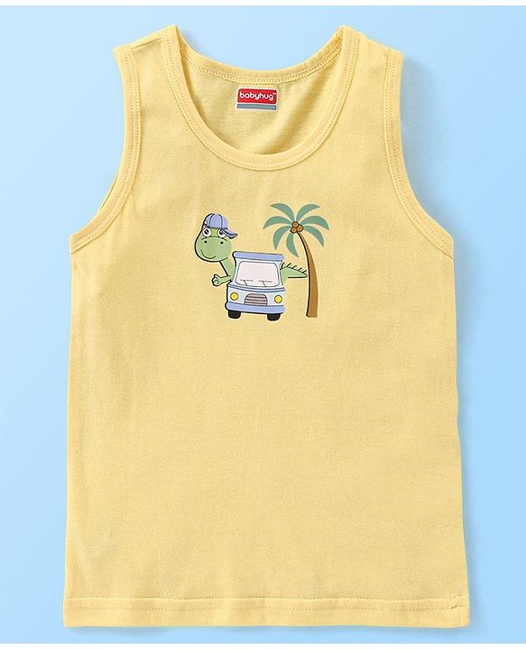 Babyhug 100% Cotton Sleeveless Sando Striped & Dino Print Pack of 3 - Yellow White & Green