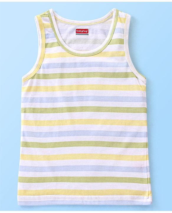 Babyhug 100% Cotton Sleeveless Sando Striped & Dino Print Pack of 3 - Yellow White & Green