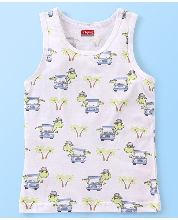 Babyhug 100% Cotton Sleeveless Sando Striped & Dino Print Pack of 3 - Yellow White & Green