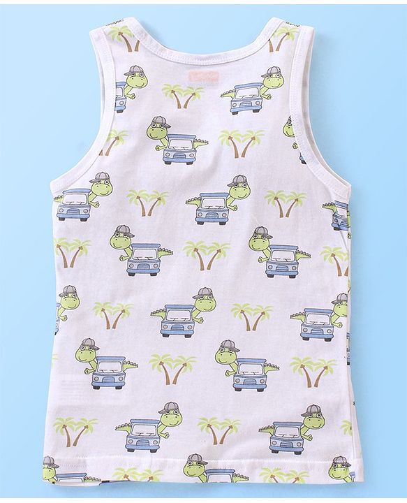 Babyhug 100% Cotton Sleeveless Sando Striped & Dino Print Pack of 3 - Yellow White & Green