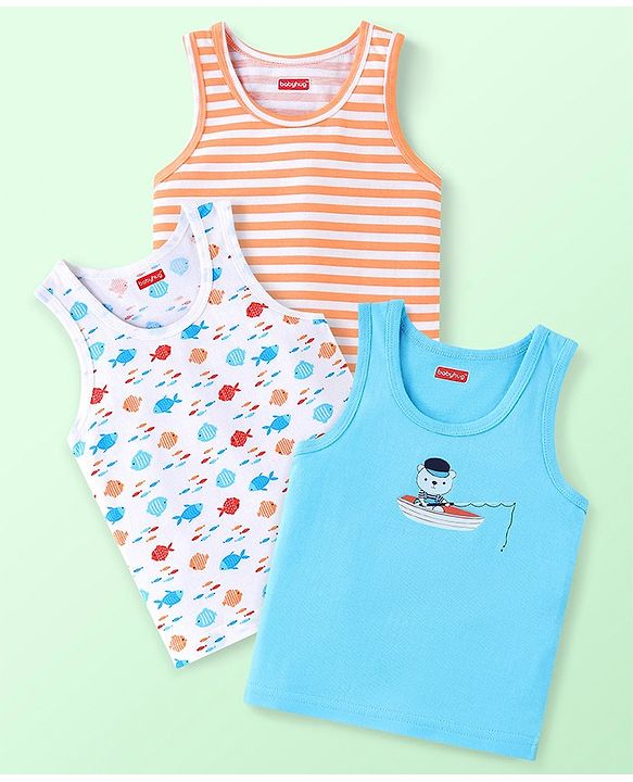 Babyhug 100% Cotton Knit Sleeveless Striped & Fish Printed Sando Pack of 3 - Multicolour