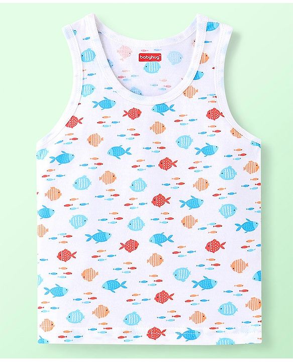 Babyhug 100% Cotton Knit Sleeveless Striped & Fish Printed Sando Pack of 3 - Multicolour
