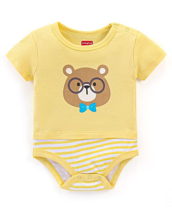 Babyhug 100% Cotton Knit Half Sleeves Onesies Pack of 3 Teddy Print - Orange Blue & Yellow