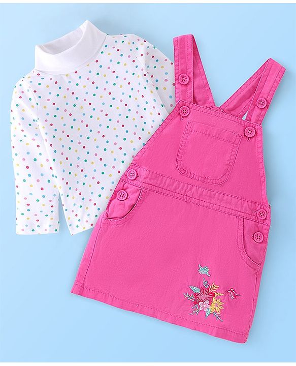 Babyhug Twill Floral Embroidered Frock with Full Sleeves Polka Dots Printed Inner Tee - Pink