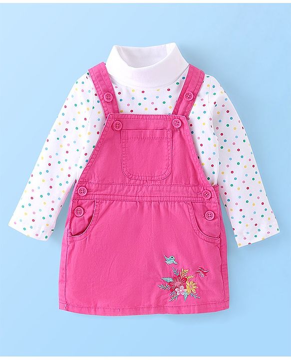 Babyhug Twill Floral Embroidered Frock with Full Sleeves Polka Dots Printed Inner Tee - Pink