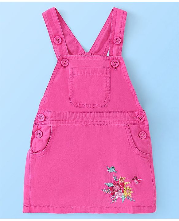 Babyhug Twill Floral Embroidered Frock with Full Sleeves Polka Dots Printed Inner Tee - Pink