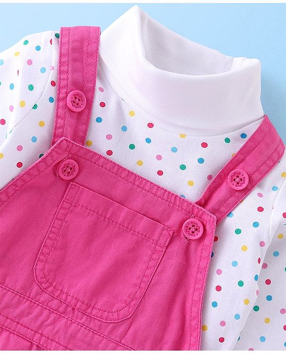 Babyhug Twill Floral Embroidered Frock with Full Sleeves Polka Dots Printed Inner Tee - Pink