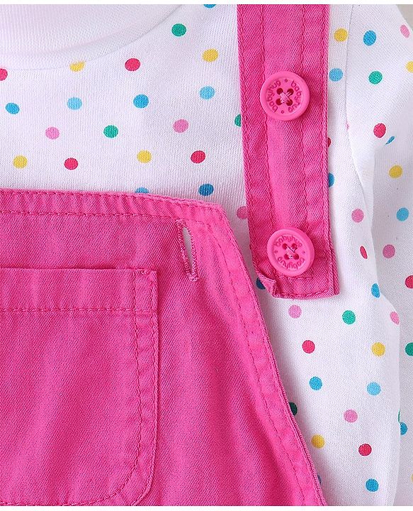 Babyhug Twill Floral Embroidered Frock with Full Sleeves Polka Dots Printed Inner Tee - Pink