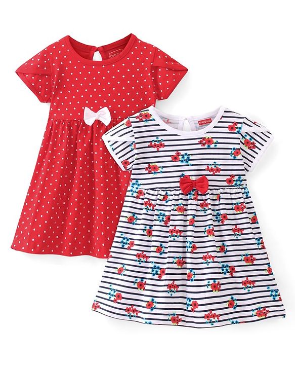Babyhug Cotton Knit Half Sleeves Frocks with Floral Print & Striped Pack of 2 - Red