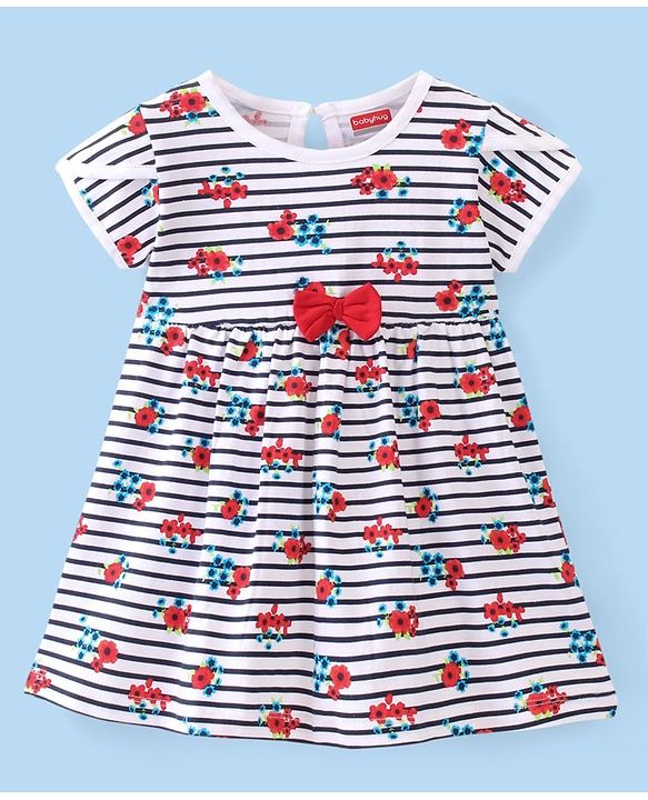 Babyhug Cotton Knit Half Sleeves Frocks with Floral Print & Striped Pack of 2 - Red