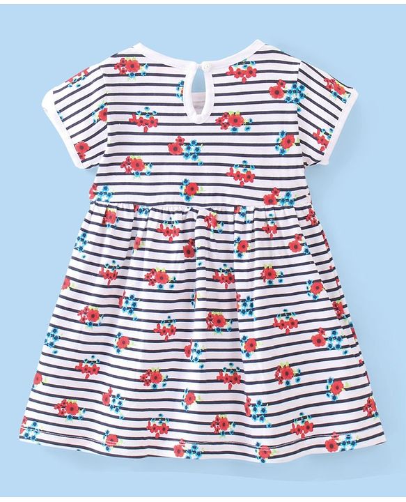 Babyhug Cotton Knit Half Sleeves Frocks with Floral Print & Striped Pack of 2 - Red