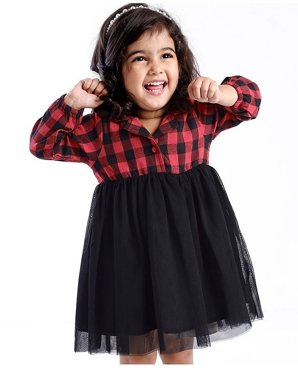 Babyhug Cotton Woven Full Sleeves Frock With Mesh Hem & Yarndyed Checks - Red & Black