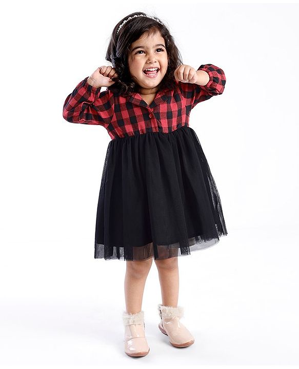 Babyhug Cotton Woven Full Sleeves Frock With Mesh Hem & Yarndyed Checks - Red & Black