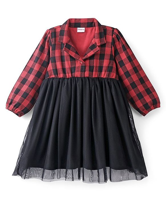 Babyhug Cotton Woven Full Sleeves Frock With Mesh Hem & Yarndyed Checks - Red & Black