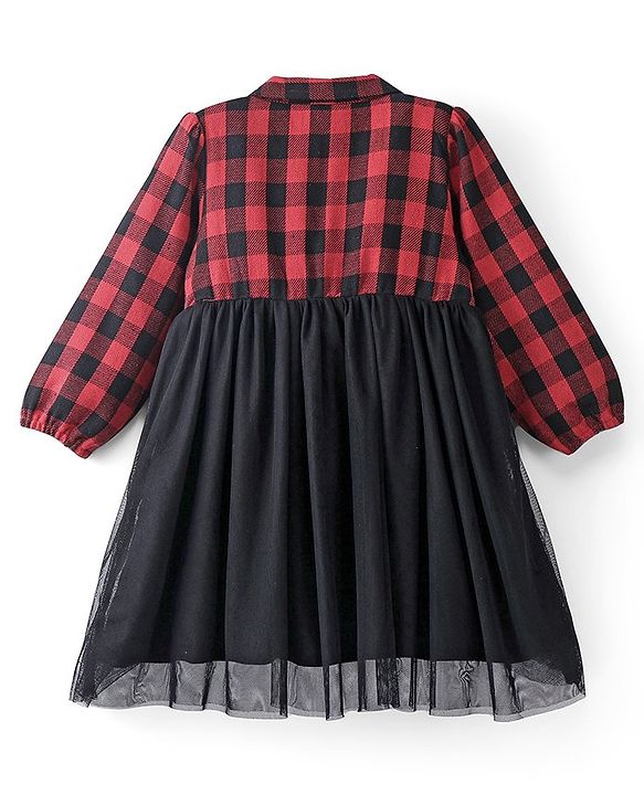 Babyhug Cotton Woven Full Sleeves Frock With Mesh Hem & Yarndyed Checks - Red & Black