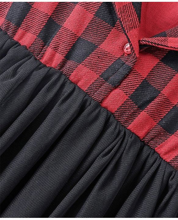 Babyhug Cotton Woven Full Sleeves Frock With Mesh Hem & Yarndyed Checks - Red & Black