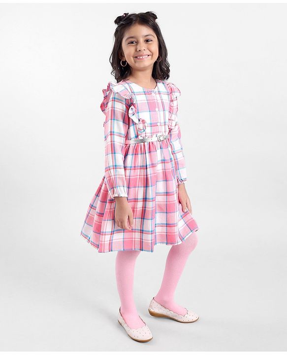 Babyhug Yarn Dyed Full Sleeves Checks Dress Frill Detailing with Stocking - Pink
