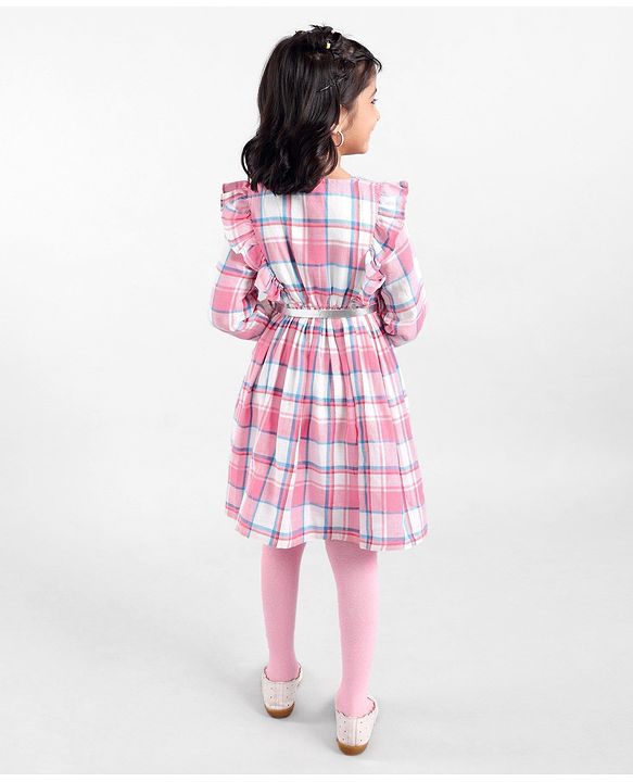 Babyhug Yarn Dyed Full Sleeves Checks Dress Frill Detailing with Stocking - Pink