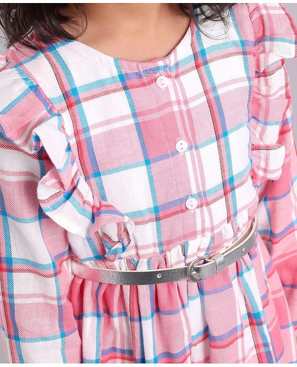 Babyhug Yarn Dyed Full Sleeves Checks Dress Frill Detailing with Stocking - Pink